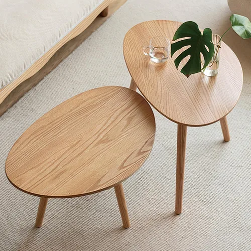 Vista 5 de Mesa de centro ovalada pequeña, de 33.5 pulgadas, mesa de centro moderna de mediados de siglo para sala de estar, mesa auxiliar 100% madera de roble
