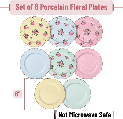Vista 8 de BTAT - Juego de platos florales de porcelana, paquete de 6, 8 pulgadas Royal Dessert Appetizer Salad Plates Floral Design Small Dinner Plates