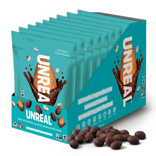 Vista 10 de UNREAL Almendras de chocolate negro - Certificado vegano, sin gluten, comercio justo, sin OMG, sin alcoholes de azúcar o soja (3 bolsas)
