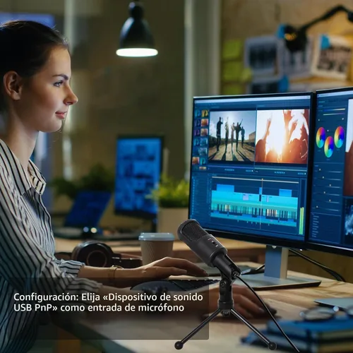 Vista 3 de Micrófono USB para PC, micrófono de condensador de podcast con interruptor de silencio de trípode plegable para transmisión, juegos, podcasting