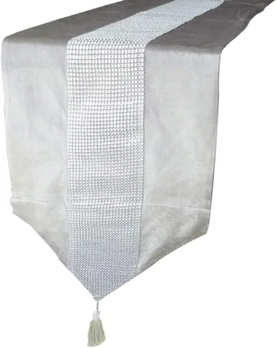 Vista 2 de Camino de mesa con lentejuelas de diamantes de imitación con tira de diamantes y borlas, 13 x 72 pulgadas, color blanco cremoso