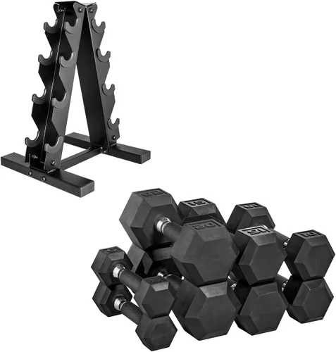 Vista 13 de CAP Barbell Rubber Coated Dumbbell Weight Set with Vertical Rack 100 lb, 150 lb, and 210 lb Options