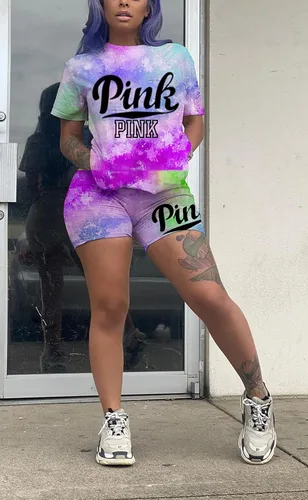 Vista 2 de Nhicdns Conjunto de 2 piezas para mujer, conjunto de pantalones cortos de verano con estampado casual de dos piezas