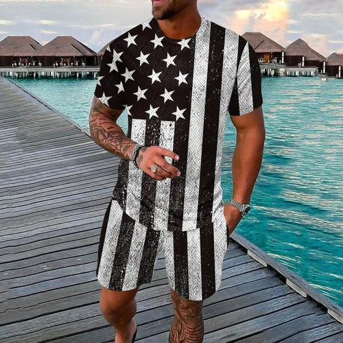 Vista 2 de Traje deportivo casual para hombre 2023 con bandera estadounidense, conjunto de 2 piezas para el 4 de julio, conjunto de camiseta y pantalones