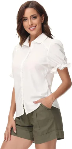Vista 3 de Belle Poque Peter Pan Tops Short Sleeve Office Blouses for Women Casual Puffy Sleeve Shirts Solid Color Tops