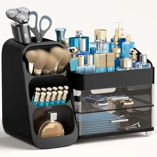 Vista 11 de HBlife Organizador de maquillaje con soporte para brochas para tocador, organizador grande de plástico para tocador de baño, almacenamiento