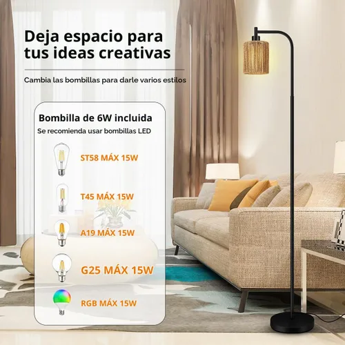 Vista 5 de BoostArea Lámpara de pie industrial, lámpara de pie con pantalla, bombilla LED de 6 W incluida, lámpara de pie moderna con interruptor de pie Negro