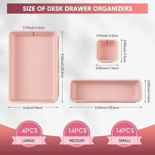 Vista 2 de Organizador de cajones de escritorio de 32 piezas, bandeja de organización de oficina, organizador versátil de tocador con almohadillas Rosa