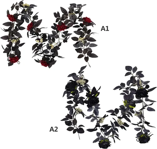 Vista 7 de Guirnalda artificial de seda negra de 5.9 pies para Halloween, flores artificiales de seda con hojas, flores decorativas artificiales para colgar
