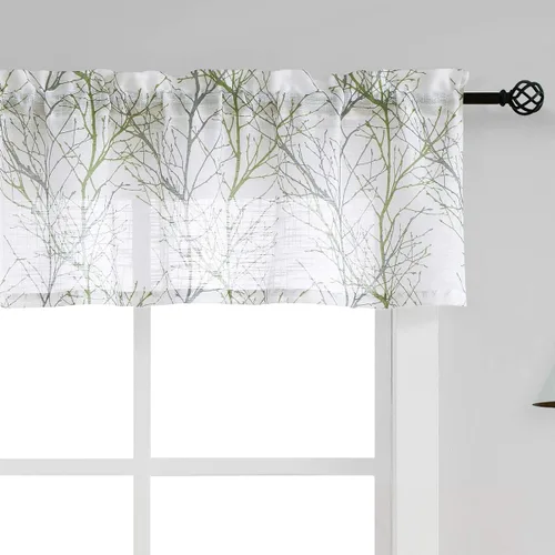 Vista 11 de FMFUNCTEX Cortinas de cenefa de ventana con estampado de ramas de árbol negro, cenefa corta semitransparente blanca para cocina, baño, bolsillo