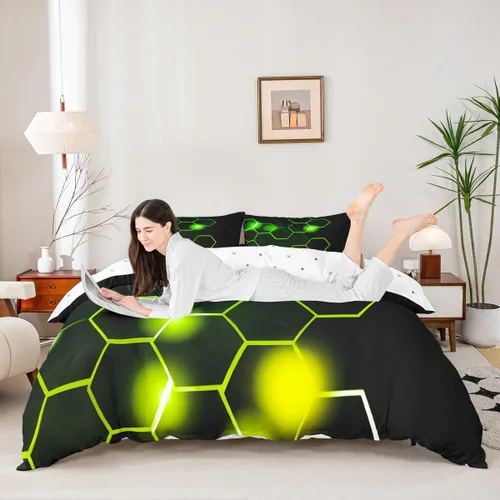 Vista 3 de Feelyou Juego de ropa de cama verde y negro tamaño individual para niños y adolescentes, juego de funda de edredón con temática hexagonal