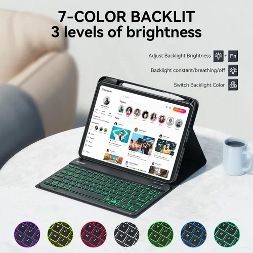 Vista 7 de TECKNET Funda para iPad A16 de 11ª/10ª generación con teclado, retroiluminación de 7 colores, funda de teclado Bluetooth inalámbrica desmontable