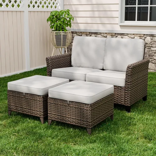 Vista 10 de Canyon Ridge - Sofá de mimbre para patio con 2 otomanas, muebles de balcón pequeños, juego de muebles de exterior, sofá de 3 asientos, marrón/beige