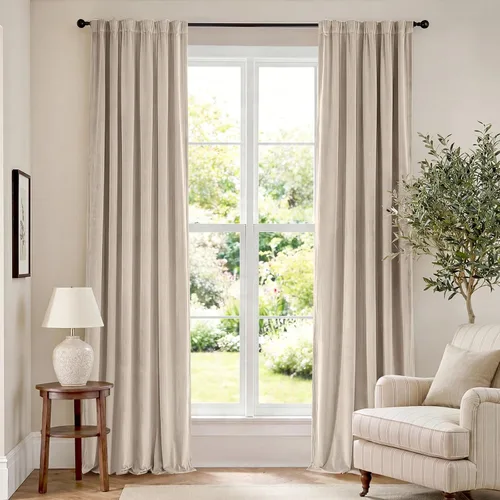 Vista 100 de Lazzzy Cortinas opacas de terciopelo beige de 84 pulgadas de largo con aislamiento térmico para oscurecer la habitación, cortinas forradas de lujo