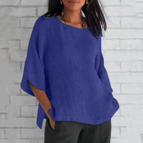 Vista 2 de Camisa básica de lino para mujer, cuello barco, media manga, de gran tamaño, ligera, de algodón, lino, suave, para verano, ropa