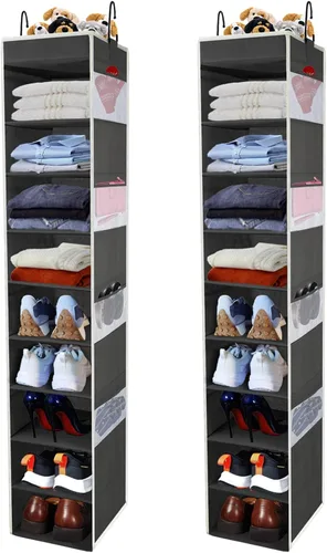 Vista 7 de Organizador de zapatos colgante de gran tamaño con 10 estantes, organizador de armario colgante resistente con 8 bolsillos laterales, estantes