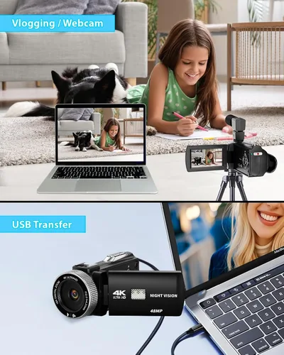 Vista 6 de Videocámara 4K 48MP con visión nocturna IR, cámara de vlogging con pantalla táctil abatible de 3.0 pulgadas para YouTube, zoom digital 18X, 2