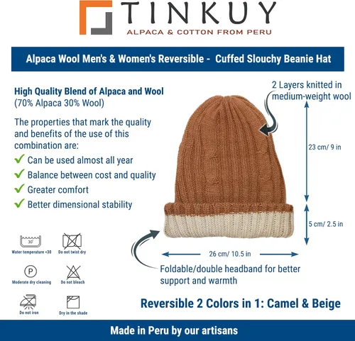 Vista 4 de TINKUY Gorro de lana de alpaca reversible para hombre y mujer