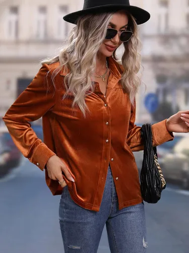 Vista 6 de Floerns Blusa de terciopelo con cuello de manga larga y botones para mujer
