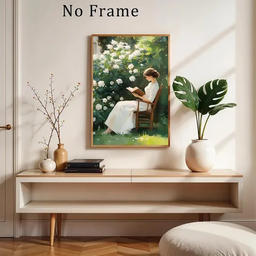 Vista 4 de Póster vintage de mujer en lienzo de lectura para mujer, retrato de mujer, arte de pared victoriano, pintura de dama antigua, póster de jardín