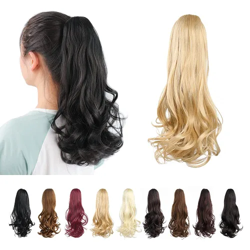 Vista 22 de Extensión de cola de caballo, 2 piezas, extensiones de cola de caballo negras de 22 pulgadas, extensiones de cabello sintético con clip de cola