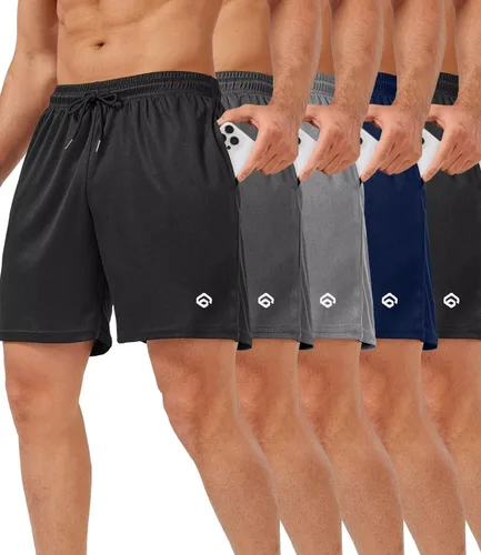 Vista 9 de lomsoe 5 Pack Gym Shorts Men 5 Inch Quick Dry Mesh Shorts Men Lightweight Training Athletic Running Shorts with Pockets