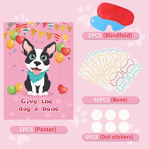 Vista 4 de Fowecelt Juego de fiesta Pin The Bone on The Dog con 48 piezas de hueso, vendas de ojos, póster y adhesivos para suministros de fiesta de cumpleaños
