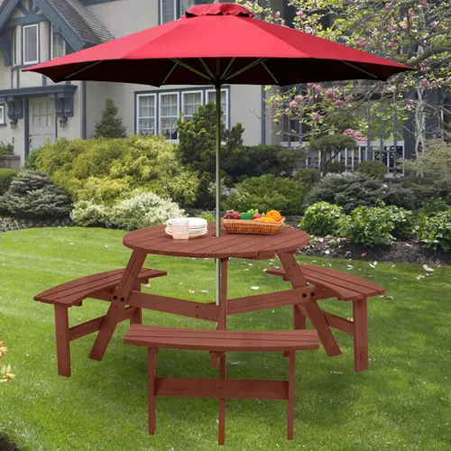 Vista 2 de Mesa de picnic de madera para 6 personas, mesa circular de picnic de madera para exteriores, mesa de comedor con 3 bancos, mesa exterior y banco 6