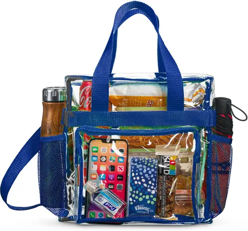 Vista 9 de SP HOME GOODS Bolsa transparente aprobada para estadios con correa ajustable, compartimento frontal de almacenamiento y bolsillos de malla, bolsas