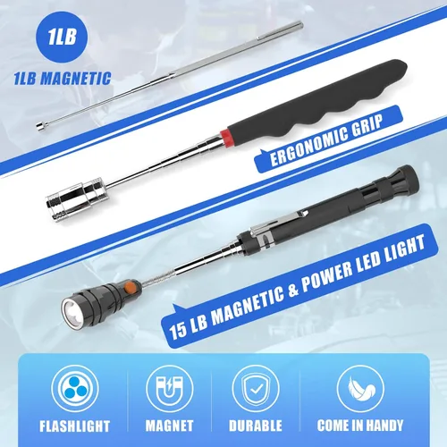 Vista 4 de Juego de 5 herramientas magnéticas FFIPBGE, varilla de recogida de 1lb y 15lb, herramienta magnética de recogida con linterna, espejo de inspección