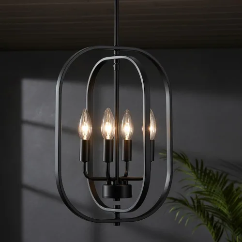 Vista 9 de XINGQI Modernas lámparas de araña para comedor, lámpara colgante rústica geométrica de granja de 31 cm, lámpara de techo de metal negro de 4 luces