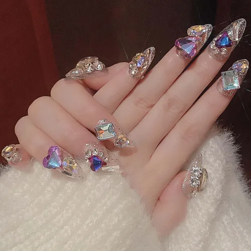 Vista 4 de QQPPOLIU Uñas postizas medianas a presión con forma de almendra, uñas postizas hechas a mano con pegamento con diamantes de imitación grandes 3D