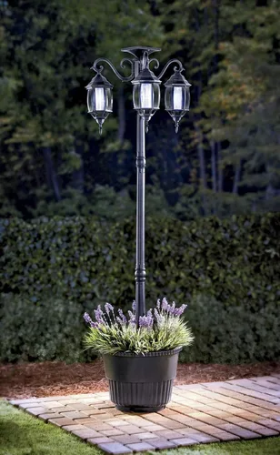 Vista 3 de Westcharm Maceta redonda al aire libre grande de 18 "de diámetro con 3 cabezales LED Solar Lamp Post Lights - Negro
