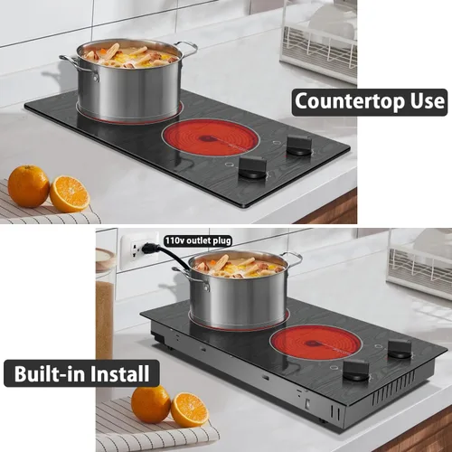 Vista 3 de Karinear Placa de Cocina Eléctrica de 2 Quemadores, 110v Estufa Eléctrica Portátil con Perilla, Placa de Cocina de Vidrio, Hermoso Patrón de Veta