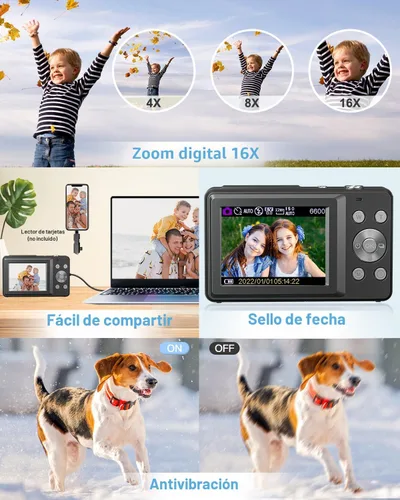 Vista 5 de Cámara digital, FHD 1080P - Cámara de apuntar y disparar con zoom de 16X, tarjeta de 32 GB, pequeña cámara de video compacta regalo para niños