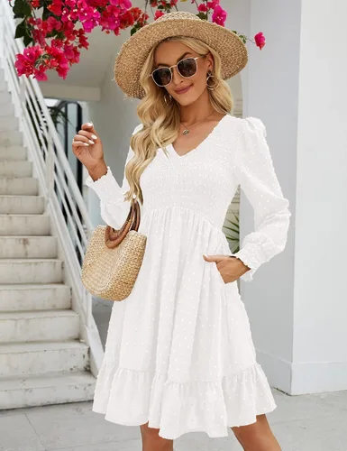 Vista 3 de Shermia Vestido de manga larga con cuello en V para mujer, vestidos fruncidos de gasa, mini vestido babydoll con bolsillos