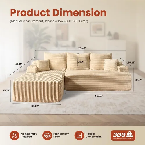 Vista 2 de ovios Sofá seccional Cloud de 96 pulgadas con chaise en forma de L, sofá modular moderno con asiento profundo, sofás tapizados para sala de estar