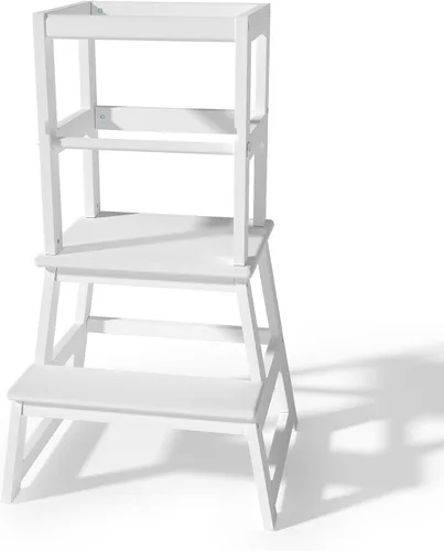 Vista 8 de Taburete de cocina para niños con riel de seguridad, construcción de madera maciza taburete de aprendizaje para niños pequeños, taburete Montessori