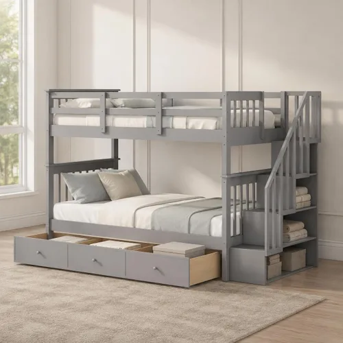 Vista 12 de Harper & Bright Designs Literas de madera de tamaño matrimonial sobre matrimonial, literas de madera con techo y barandilla de protección para Gris