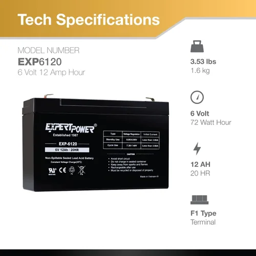 Vista 3 de ExpertPower Terminal F1 de batería de plomo sellada SLA de 6V 12Ah F1/reemplazo para Portalac GS PE6V13 (paquete de 2)