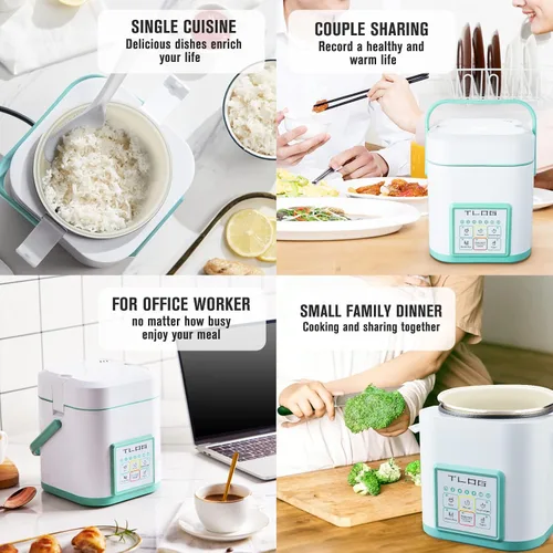 Vista 6 de TLOG Mini olla arrocera de 2.5 tazas sin cocinar, máquina de arroz portátil con revestimiento de cerámica saludable, olla de arroz de viaje de 1.2L