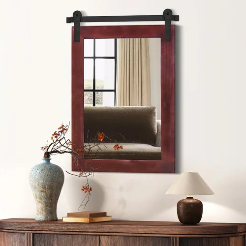Vista 26 de COGOOD Espejo de puerta de granero de granja, 25 x 18 pulgadas, espejo decrativo con marco de madera rústica para baño, sala de estar, decoración