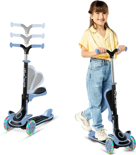 Vista 15 de Scooter de 3 ruedas para niños con asiento plegable, altura ajustable del manubrio, juguete de paseo inclinado para conducir para niños a partir
