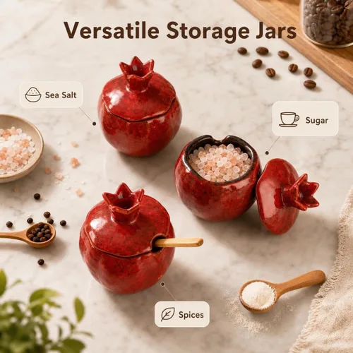 Vista 6 de Sal Bodega 2 PCS Cerámica Granada En Forma De Tazón De Sal Con Tapa Y Cuchara 2-pack ceramic pomegranate spice bowls with mottled red glaze, lids