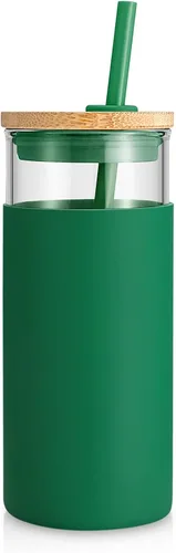 Vista 28 de Tronco Vaso de vidrio de 20 onzas con tapa y popote, taza de café helado y vaso para batido con tapas de bambú y funda protectora de silicona, apto