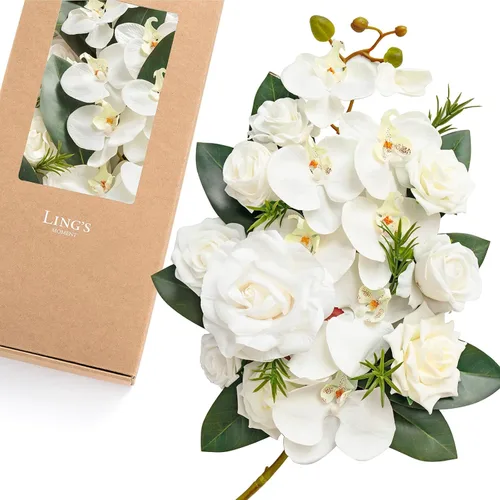 Vista 41 de Ling's moment Caja de flores artificiales, tallos de follaje artificial falso, rosas de espuma, dalia de seda, hierba de pampas, flor de tela