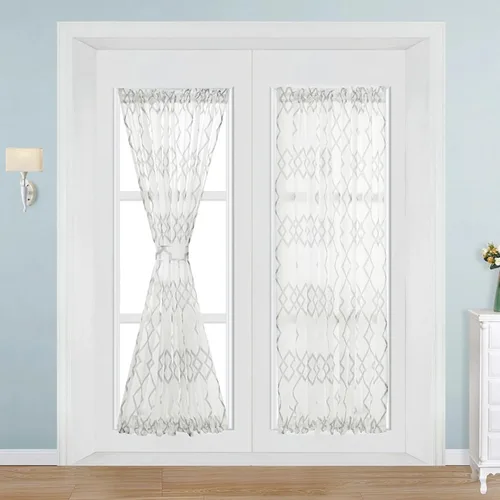 Vista 9 de NAPEARL Cortinas para puerta francesa, patrones geométricos, luz lateral para puerta delantera, lino sintético semitransparente con bolsillo Beige