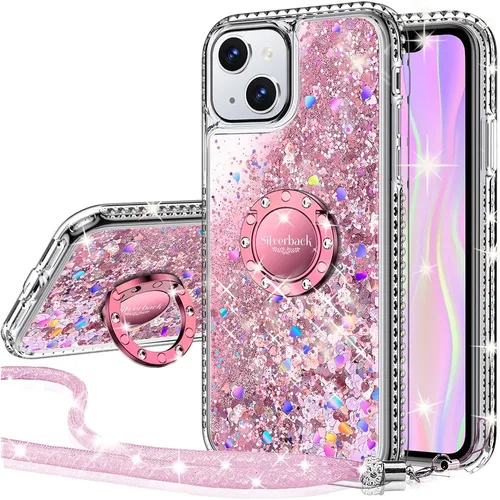 Vista 10 de Silverback - Funda para iPhone 13 con soporte de anillo, color dorado transparente Moving Liquid Holographic Sparkle Glitter, Kickstand, Bling