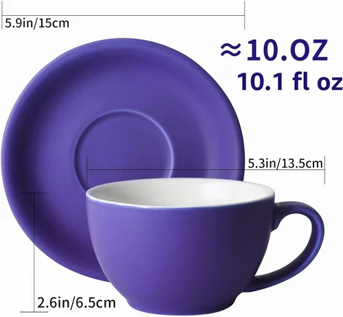 Vista 3 de Yundu Ceramics Latte Cup and Saucer - 10 onzas para capuchino, té, café moca, juego de 4, color mixto mate 4 colores mate oscuro