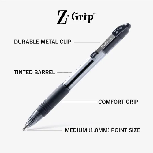 Vista 3 de Zebra Pen Z-Grip - Bolígrafo retráctil de punta media, 3/64 pulgadas, tinta negra, 12